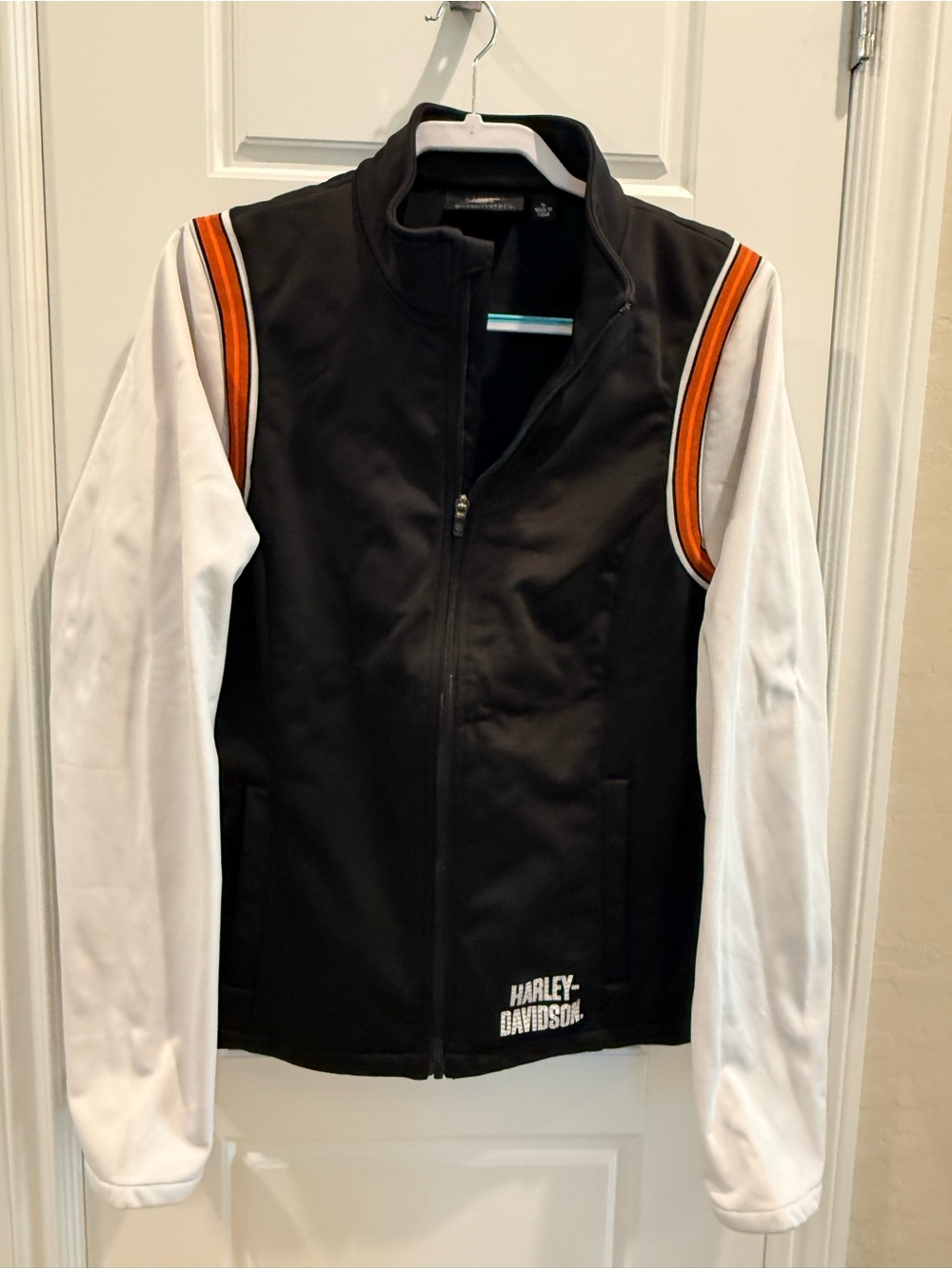 Harley-Davidson Black Jacket with White Sleeves and Orange Stripes
